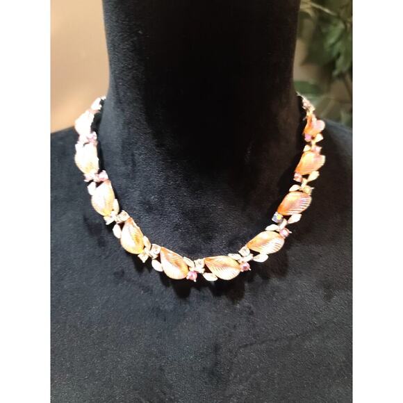 Women's Leaf Necklace Pink Enamel Floral Rhinestone Choker Hook Clasp Jewelry - Picture 1 of 6